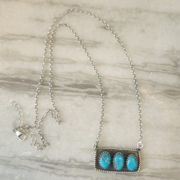3 Stone Turquoise Bar Necklace, 925 Sterling Silver, New - Picture 2 of 3